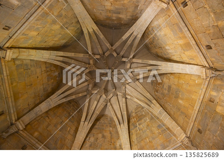 Gothic rib vaulted stone ceiling in Beja, Portugal 135825689