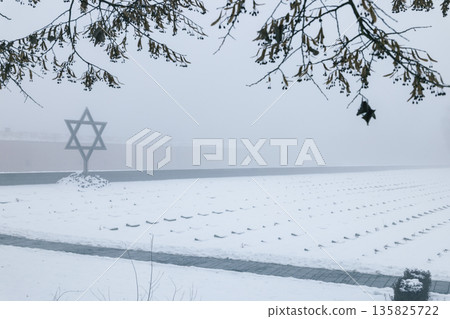 Star of David monument in winter snow, Terezin Star of David monument in winter snow, Terezin 135825722