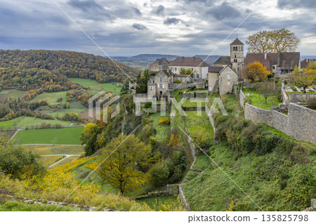 Chateau Chalon village perched above Jura vineyards in autumn 135825798