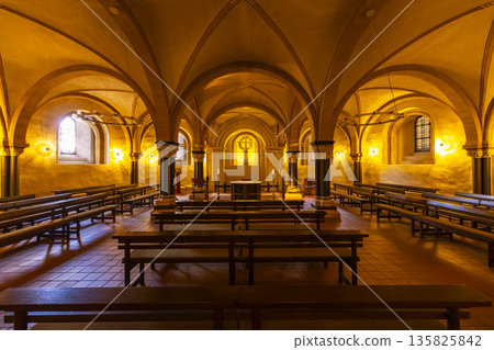 Trier Cathedral crypt interior showing historic Romanesque architecture Trier Cathedral crypt interior showing historic Romanesque architecture 135825842