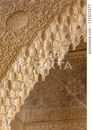 Alhambra muqarnas arch with detailed Nasrid stucco decoration Alhambra muqarnas arch with detailed Nasrid stucco decoration 135825877