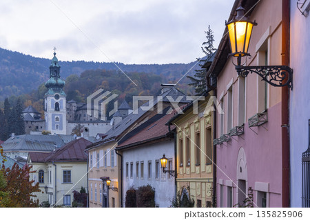 Banska Stiavnica historic street at twilight with old castle vista 135825906