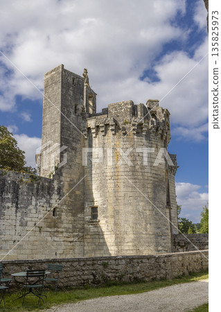 Mareuil en Perigord castle with ancient stone towers 135825973