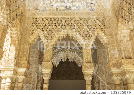 Ornate Arabic architecture decorating the Alhambra in Granada, Spain Ornate Arabic architecture decorating the Alhambra in Granada, Spain 135825979