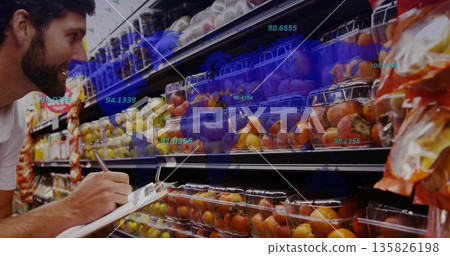 Inspecting bearded man recording data in produce aisle, with clipboard pen, map graphic, copy space 135826198