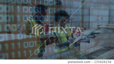 Workers in vests scanning boxes on conveyor belt, checking clipboard in warehouse, binary overlay Workers in vests scanning boxes on conveyor belt, checking clipboard in warehouse, binary overlay 135826238