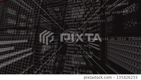 Rendering code tunnel streaming console output data in virtual server room, with IP address entries Rendering code tunnel streaming console output data in virtual server room, with IP address entries 135826255