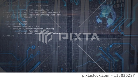 Displaying server racks with mesh doors and LEDs in datacenter with code circuit and globe overlays Displaying server racks with mesh doors and LEDs in datacenter with code circuit and globe overlays 135826257