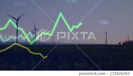 Displaying wind turbines stretching across field at dusk, with glowing green and yellow line graphs Displaying wind turbines stretching across field at dusk, with glowing green and yellow line graphs 135826263