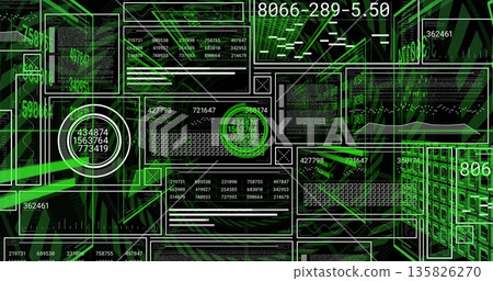 Rendering circular gauge showing stacked values on HUD with waveform charts and grid diagrams Rendering circular gauge showing stacked values on HUD with waveform charts and grid diagrams 135826270