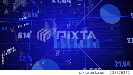 Displaying blue bar graph spanning January to July on dashboard, with hexagon clusters and numbers 135826272
