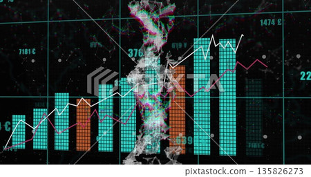 Displaying 3D mesh column rising through dashboard with turquoise orange bars, magenta lines Displaying 3D mesh column rising through dashboard with turquoise orange bars, magenta lines 135826273