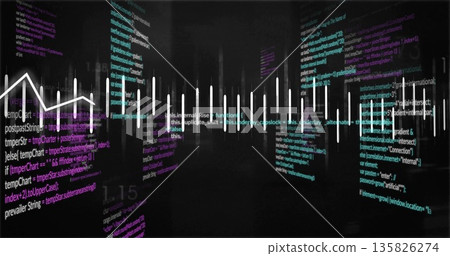 Cutting white stylized audio waveform line through virtual data tunnel, with colored code panels 135826274