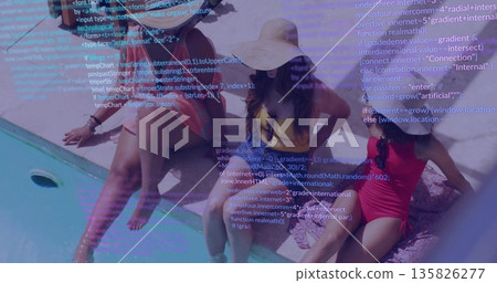 Sitting three friends wearing swimsuits dipping legs into pool water at poolside with straw hats Sitting three friends wearing swimsuits dipping legs into pool water at poolside with straw hats 135826277