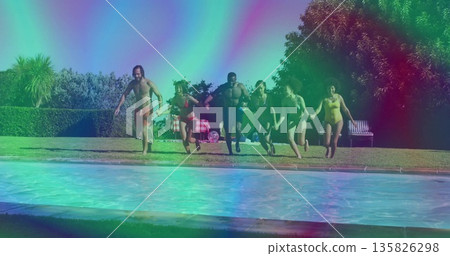 Running friends gripping hands and rushing into backyard pool, with checkered blanket and cooler Running friends gripping hands and rushing into backyard pool, with checkered blanket and cooler 135826298