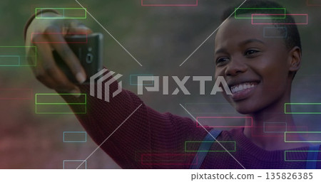 Smiling woman wearing burgundy sweater holding smartphone taking selfie in nature, with backpack 135826385