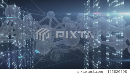 Floating wireframe truck merging into translucent molecular network in virtual space, data panels Floating wireframe truck merging into translucent molecular network in virtual space, data panels 135826398