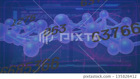 Sphere-and-rod molecular model rotating over grid in data space, with numeric codes and HUD overlay Sphere-and-rod molecular model rotating over grid in data space, with numeric codes and HUD overlay 135826412