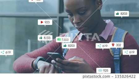 Woman in sweater and backpack holding smartphone and checking smartwatch at window, icons floating Woman in sweater and backpack holding smartphone and checking smartwatch at window, icons floating 135826422