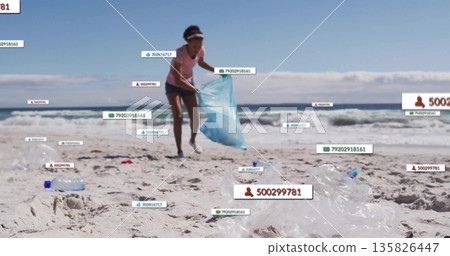 Woman in pink sportswear collecting debris on beach using blue trash bag, with digital count labels Woman in pink sportswear collecting debris on beach using blue trash bag, with digital count labels 135826447