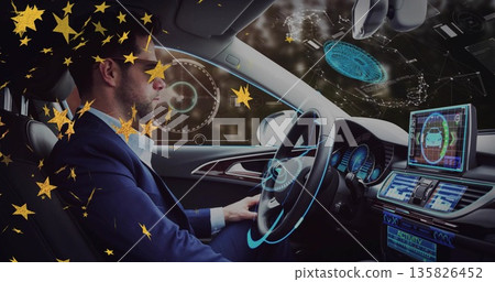 Monitoring driver reviewing hologram navigation in car cabin, gold confetti floating, copy space Monitoring driver reviewing hologram navigation in car cabin, gold confetti floating, copy space 135826452