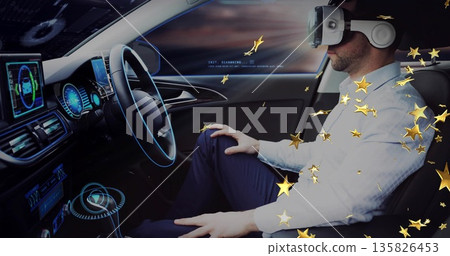 Operating driver wearing VR headset, holding steering wheel in car with holograms, copy space Operating driver wearing VR headset, holding steering wheel in car with holograms, copy space 135826453