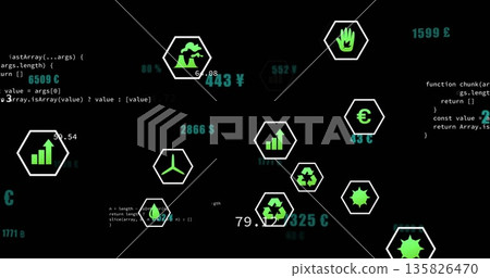 Showing hexagonal icons floating on digital dashboard, with green symbols, teal currency and code Showing hexagonal icons floating on digital dashboard, with green symbols, teal currency and code 135826470