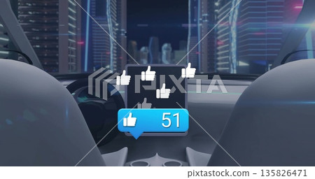 Displaying screen showing thumbs-up icons and like-count bubble by steering wheel in neon-lit cabin 135826471