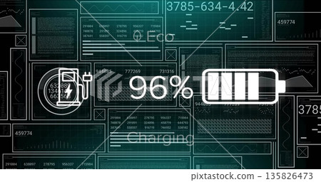 Displaying battery icon showing 96% in digital dashboard, with plug icon and data panels Displaying battery icon showing 96% in digital dashboard, with plug icon and data panels 135826473