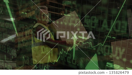 Carrying cardboard box, warehouse worker in yellow vest among metal racks, with green chart overlay Carrying cardboard box, warehouse worker in yellow vest among metal racks, with green chart overlay 135826479