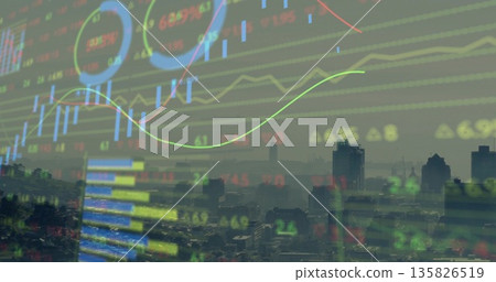 Overlaying financial data over smoggy city skyline, featuring graphs, candlestick bars and tickers Overlaying financial data over smoggy city skyline, featuring graphs, candlestick bars and tickers 135826519