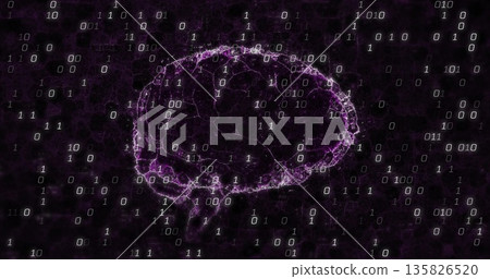 Glowing purple neural network pulsing in cyberspace, holding binary digits and electric arcs 135826520