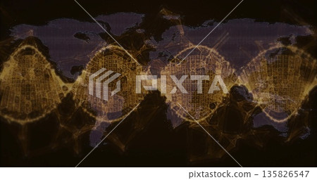 Displaying network grid map forming glowing amber nodes on dark screen, with triangular mesh links Displaying network grid map forming glowing amber nodes on dark screen, with triangular mesh links 135826547