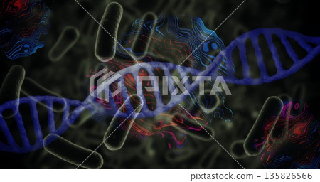 Displaying blue DNA helix running across molecular environment, with bacterial rods and data waves 135826566