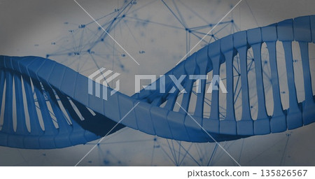 Rotating blue DNA double helix floating in data lab, with network nodes and connecting lines 135826567