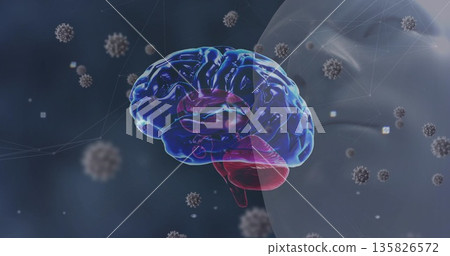 Rotating 3D brain model showing virus-like particles mesh nodes and head silhouette in dark lab 135826572