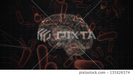 Floating wireframe brain model above dark grid, linking network lines and bacterial rods Floating wireframe brain model above dark grid, linking network lines and bacterial rods 135826574