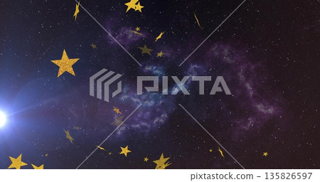 Swirling purple-blue nebula in space with golden stars, lightning accents, flare, white star points Swirling purple-blue nebula in space with golden stars, lightning accents, flare, white star points 135826597