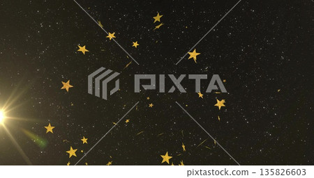 Floating oversized golden star-shaped confetti pieces drifting across starry sky, with lens flares Floating oversized golden star-shaped confetti pieces drifting across starry sky, with lens flares 135826603