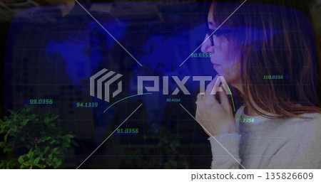 Analyzing woman wearing sweater, eyeglasses in lab with world map, data arcs, plant, copy space 135826609