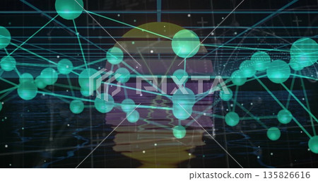 Network of green spheres floating, linking via cyan lines in digital grid, with gradient orb Network of green spheres floating, linking via cyan lines in digital grid, with gradient orb 135826616