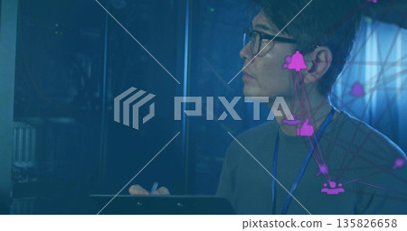 Network engineer monitoring server racks in server room, with tablet and purple overlay, copy space Network engineer monitoring server racks in server room, with tablet and purple overlay, copy space 135826658