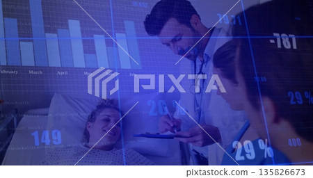 Doctor in lab coat recording patient data in hospital room, with clipboard and bar charts 135826673