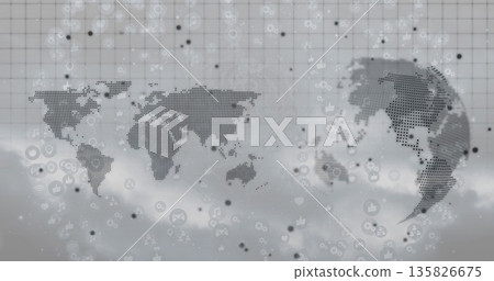 Dotted world map and dotted Americas globe drifting in misty grid background, with floating icons 135826675