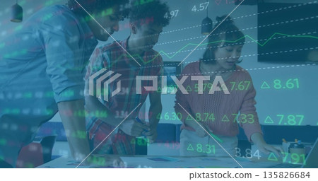 Three professionals leaning on conference table studying charts with green marker and market graphs 135826684