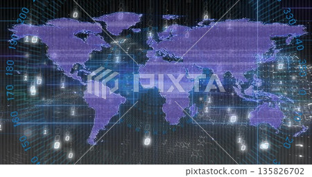 Displaying purple world map on digital grid, streaming binary digits and floating numeric overlays 135826702
