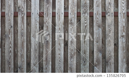 Aged gray textured wooden planks in the structure of a rustic fence, beautiful aged boards attached to a sheet of plywood with a rusty iron insert as a background texture Aged gray textured wooden planks in the structure of a rustic fence, beautiful aged boards attached to a sheet of plywood with a rusty iron insert as a background texture 135826705