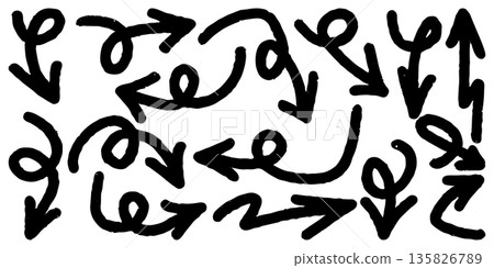 Set of Hand drawn vector arrows doodle on white background. Bold brush drawn arrows. design element vector illustration. 135826789