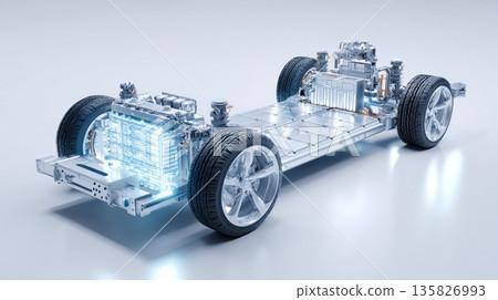 Electric vehicle chassis is displayed with a glowing battery pack Electric vehicle chassis is displayed with a glowing battery pack 135826993