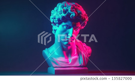 Modern statue glows with vibrant neon pink and blue light 135827000